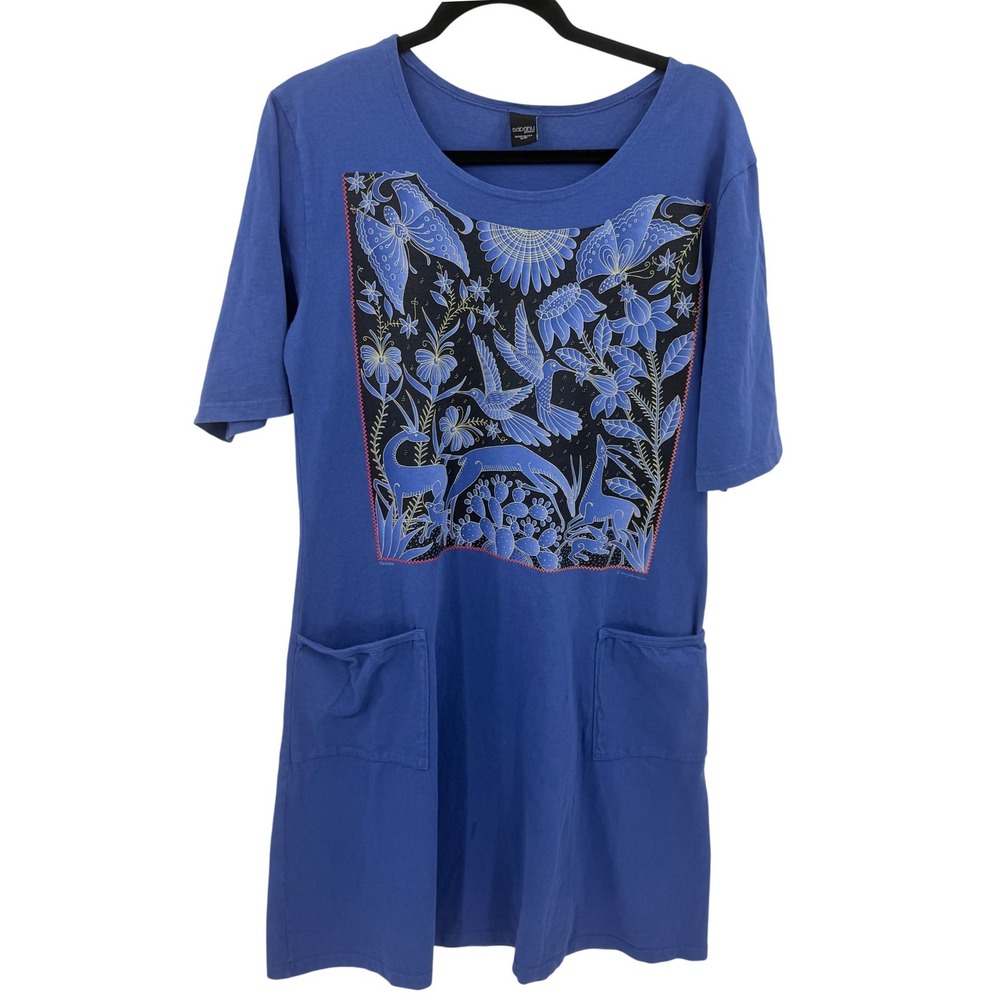 Sabaku Artwear Blue Cotton Graphic T-Shirt Dress Pockets Hummingbird Butterfly